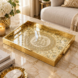 Ramadan Decorative Glass Serving Tray – Beaded Calligraphy Roundel glass serving tray shown in a product view.