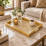 Ramadan Decorative Glass Serving Tray – Tendril Calligraphy Medallion glass serving tray shown in a first styled room scene.