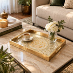 Ramadan Decorative Glass Serving Tray – Vine Calligraphy Circle glass serving tray shown in a first styled room scene.