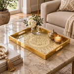 Ramadan Decorative Glass Serving Tray – Vine Calligraphy Circle glass serving tray shown in a second styled room scene.