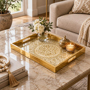 Ramadan Decorative Glass Serving Tray – Vine Calligraphy Circle glass serving tray shown in a second styled room scene.