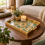 Ramadan Decorative Glass Serving Tray – Emerald Rosette Medallion glass serving tray shown in a first styled room scene.
