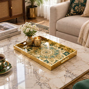 Ramadan Decorative Glass Serving Tray – Emerald Rosette Medallion glass serving tray shown in a second styled room scene.