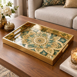 Ramadan Decorative Glass Serving Tray – Emerald Rosette Medallion glass serving tray shown in a product view.