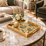 Ramadan Decorative Glass Serving Tray – Teal Damask Medallion glass serving tray shown in a first styled room scene.