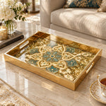 Ramadan Decorative Glass Serving Tray – Teal Damask Medallion glass serving tray shown in a product view.