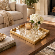 Ramadan Decorative Glass Serving Tray – Pearl Beaded Mandala glass serving tray shown in a first styled room scene.