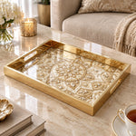 Ramadan Decorative Glass Serving Tray – Pearl Beaded Mandala glass serving tray shown in a product view.