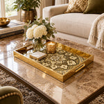 Ramadan Decorative Glass Serving Tray – Black Gold Damask Rosette glass serving tray shown in a first styled room scene.