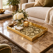 Ramadan Decorative Glass Serving Tray – Black Gold Damask Rosette glass serving tray shown in a first styled room scene.