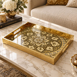 Ramadan Decorative Glass Serving Tray – Black Gold Damask Rosette glass serving tray shown in a product view.