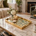 Ramadan Decorative Glass Serving Tray – Teal Paisley Medallion glass serving tray shown in a first styled room scene.