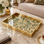 Ramadan Decorative Glass Serving Tray – Teal Paisley Medallion glass serving tray shown in a product view.