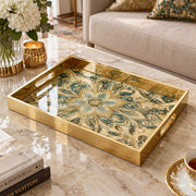 Ramadan Decorative Glass Serving Tray – Teal Paisley Medallion glass serving tray shown in a product view.