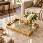 Ramadan Decorative Glass Serving Tray – Emerald Pearl Mandala glass serving tray shown in a first styled room scene.