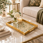 Ramadan Decorative Glass Serving Tray – Emerald Pearl Mandala glass serving tray shown in a second styled room scene.