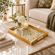 Ramadan Decorative Glass Serving Tray – Emerald Pearl Mandala glass serving tray shown in a second styled room scene.