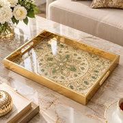 Ramadan Decorative Glass Serving Tray – Emerald Pearl Mandala glass serving tray shown in a product view.