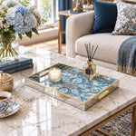 Ramadan Decorative Glass Serving Tray – Blue White Damask Medallion glass serving tray shown in a first styled room scene.