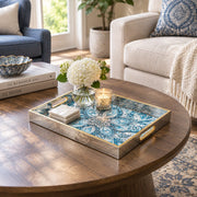 Ramadan Decorative Glass Serving Tray – Blue White Damask Medallion glass serving tray shown in a second styled room scene.