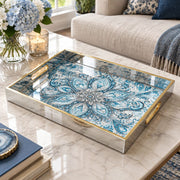 Ramadan Decorative Glass Serving Tray – Blue White Damask Medallion glass serving tray shown in a product view.