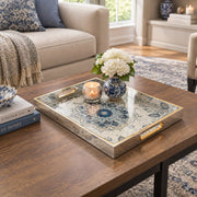 Ramadan Decorative Glass Serving Tray – Chinoiserie Blue Mandala glass serving tray shown in a second styled room scene.