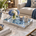 Ramadan Decorative Glass Serving Tray – Cobalt Flower Mandala glass serving tray shown in a second styled room scene.