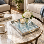 Ramadan Decorative Glass Serving Tray – Teal Swirl Mandala glass serving tray shown in a first styled room scene.