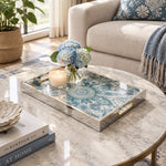Ramadan Decorative Glass Serving Tray – Teal Swirl Mandala glass serving tray shown in a second styled room scene.