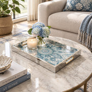 Ramadan Decorative Glass Serving Tray – Teal Swirl Mandala glass serving tray shown in a second styled room scene.