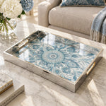 Ramadan Decorative Glass Serving Tray – Teal Swirl Mandala glass serving tray shown in a product view.