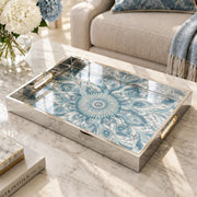 Ramadan Decorative Glass Serving Tray – Teal Swirl Mandala glass serving tray shown in a product view.
