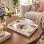 Daily Decorative Glass Serving Tray – Cream Floral Panel glass serving tray shown in a first styled room scene.