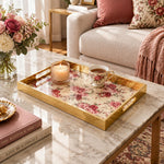 Daily Decorative Glass Serving Tray – Pink Rose Panel glass serving tray shown in a first styled room scene.
