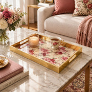 Daily Decorative Glass Serving Tray – Pink Rose Panel glass serving tray shown in a first styled room scene.