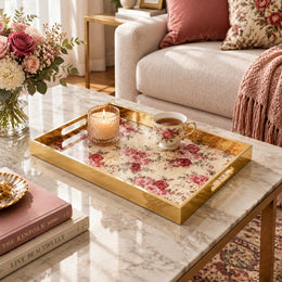 Daily Decorative Glass Serving Tray – Pink Rose Panel glass serving tray shown in a first styled room scene.
