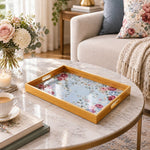 Daily Decorative Glass Serving Tray – Blue Pink Floral Panel glass serving tray shown in a first styled room scene.