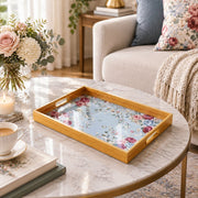 Daily Decorative Glass Serving Tray – Blue Pink Floral Panel glass serving tray shown in a first styled room scene.