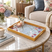 Daily Decorative Glass Serving Tray – Blue Pink Floral Panel glass serving tray shown in a second styled room scene.