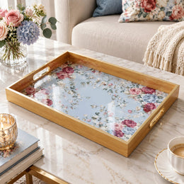 Daily Decorative Glass Serving Tray – Blue Pink Floral Panel glass serving tray shown in a product view.