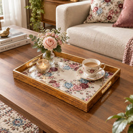 Daily Decorative Glass Serving Tray – Pink Floral Panel glass serving tray shown in a first styled room scene.
