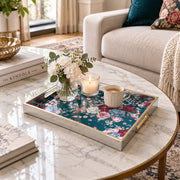 Daily Decorative Glass Serving Tray – Blue Dark Floral Panel glass serving tray shown in a first styled room scene.