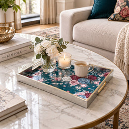 Daily Decorative Glass Serving Tray – Blue Dark Floral Panel glass serving tray shown in a first styled room scene.