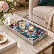 Daily Decorative Glass Serving Tray – Blue Dark Floral Panel glass serving tray shown in a second styled room scene.