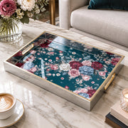 Daily Decorative Glass Serving Tray – Blue Dark Floral Panel glass serving tray shown in a product view.
