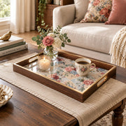 Daily Decorative Glass Serving Tray – Red Pink Floral Panel glass serving tray shown in a first styled room scene.