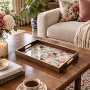 Daily Decorative Glass Serving Tray – Red Pink Floral Panel glass serving tray shown in a second styled room scene.
