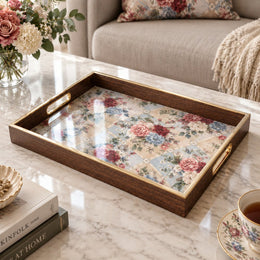 Daily Decorative Glass Serving Tray – Red Pink Floral Panel glass serving tray shown in a product view.