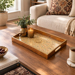 Ramadan Decorative Glass Serving Tray – Gold Calligraphy Panel glass serving tray shown in a first styled room scene.