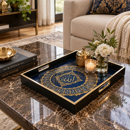 Ramadan Decorative Glass Serving Tray – Blue Calligraphy Medallion glass serving tray shown in a first styled room scene.